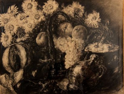 null Louise HERVIEU (1878-1954)
Nature-morte au panier fleuri
Fusain signé en bas...
