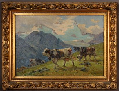 null Clovis TERRAIRE (1858-1931)
Vaches dans des alpages
Huile sur toile signée en...