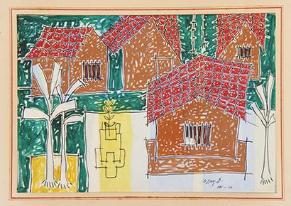 null Laxman PAÏ (1926-)
Le village aux toits rouges
Plume, encre de Chine et aquarelle...
