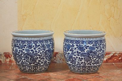 null Paire de cache-pots en porcelaine à décor en camaïeu bleu de lions bouddhiques...