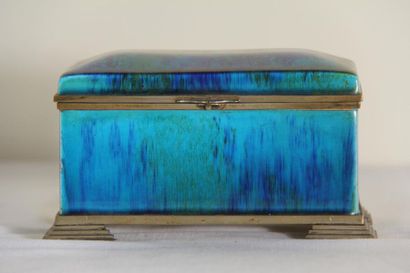 null *Paul MILLET Sèvres Rectangular ceramic quadripod
box in blue-green monochrome,...