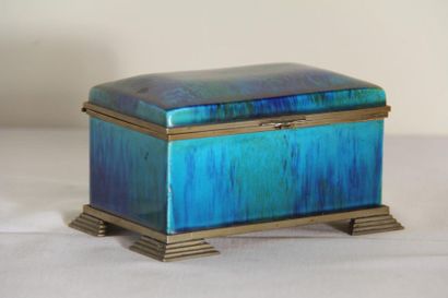 null *Paul MILLET Sèvres Rectangular ceramic quadripod
box in blue-green monochrome,...