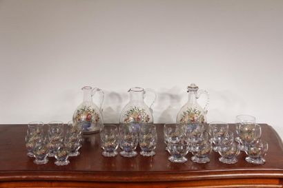 null *Liquor set in glass enamelled with a floral bouquet