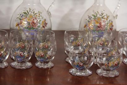 null *Liquor set in glass enamelled with a floral bouquet