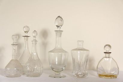 null Set of six mismatched glass decanters (one stopper missing)