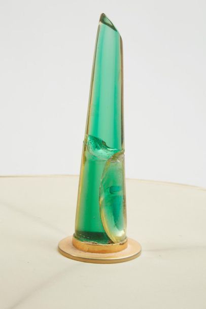 null *Two lamp bases, one in moulded blue glass, metal frame, the other in green...