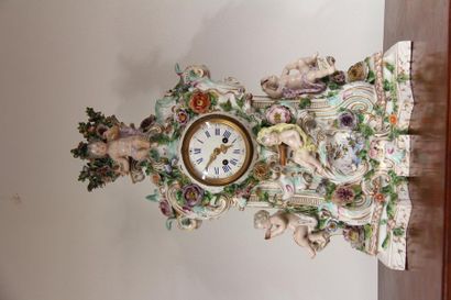 null *Pendule à poser en porcelaine polychrome à décor de putti et fleurs, fin XIXème...