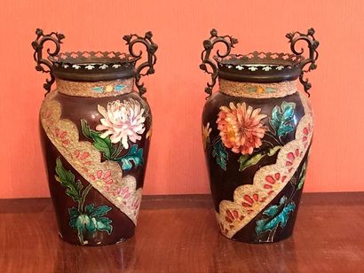 null *Pair of ceramic vases, brass handles and mounts (accidents, splinters)