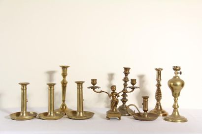 null *Lot of mismatched bronze and metal candleholders