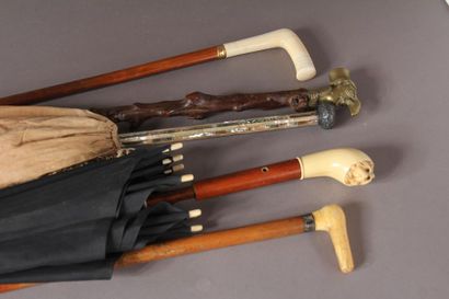 null Set of five canes and umbrellas, wooden handles, metal, resin imitating ivory...