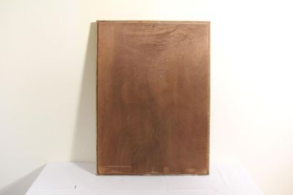 null *Glace rectangulaire en bois laqué vert-gris et doré
84 x 61 cm. (éclats)