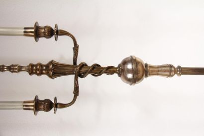 null *Candelabra quadripod in silvery metal with three lights, mounted as a lamp,...