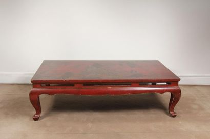 null *Red lacquered wooden coffee table with a lake scene, China
H: 37 W: 123 D:...