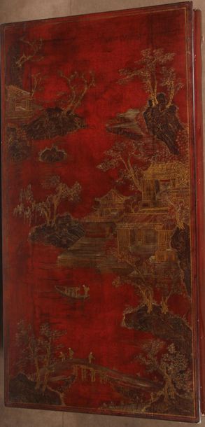 null *Red lacquered wooden coffee table with a lake scene, China
H: 37 W: 123 D:...