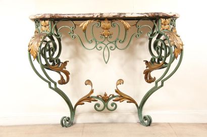 null *Green and gold lacquered wrought iron console with acanthus leaf decoration,...