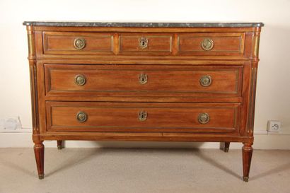 null * Veneered wood chest of drawers with three drawers, marble top in the Louis...