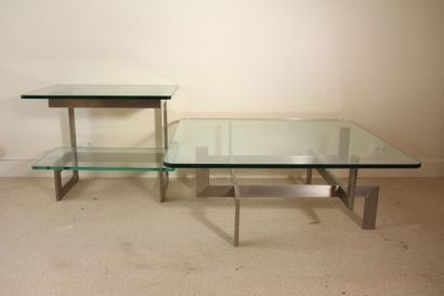 null *Low table and low shelf with silvery metal legs, glass tops, 70
's Table: H:...