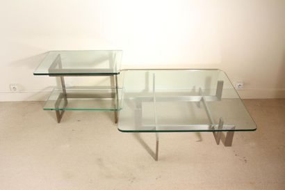 null *Low table and low shelf with silvery metal legs, glass tops, 70
's Table: H:...