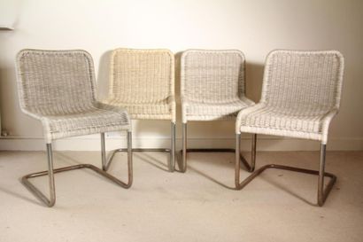 null *Four chairs in chromed metal, seat in woven plastic (rust)