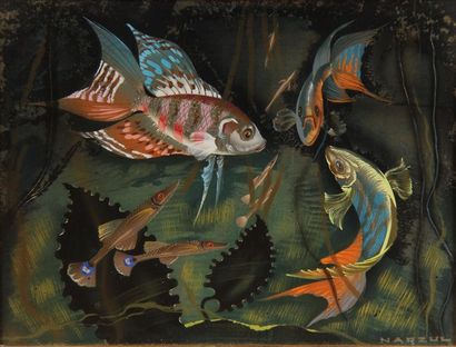 null NARZUL (XXth c.)
Fishes of paradise Polychrome engraved metal
plate
25 x 34...