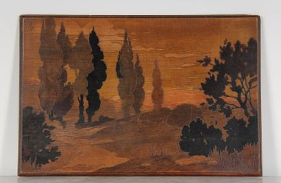Wooden panel pyrographed with a landscape,...
