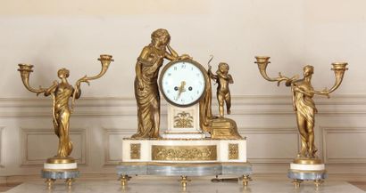 null Bronze, white and blue marble mantel set including a clock decorated with a...