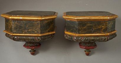 null Pair of wall light consoles with cut sides in polychrome trompe l'oeil painted...