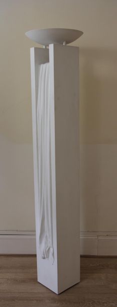 null Halogen floor lamp in white plaster with two quadrangular uprights supporting...