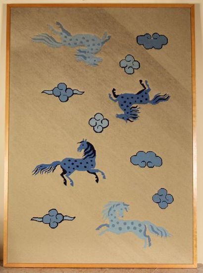 null Tapestry with small dots decorated in Chinese taste, framed.