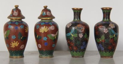 Two pairs of vases, one pair covered, Far...