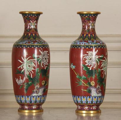 Pair of cloisonné metal baluster vases with...