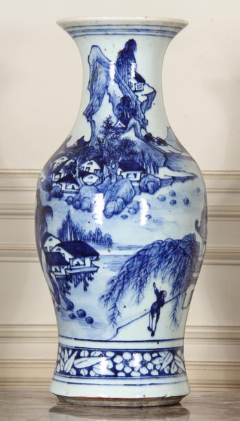 White blue porcelain baluster vase with lake...