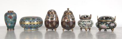 null Set of small baluster vases, covered candy boxes, perfume burners in partitioned...