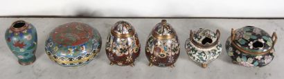 null Set of small baluster vases, covered candy boxes, perfume burners in partitioned...