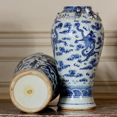 null Pair of baluster vases in white-blue porcelain decorated with dragons in the...