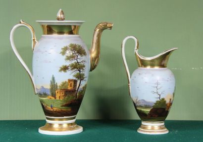 null Teapot and jug on a polychrome porcelain pedestal with landscape decoration,...