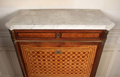null Veneer secretary with flap inlaid with crosillons, white marble top, Louis XVI...