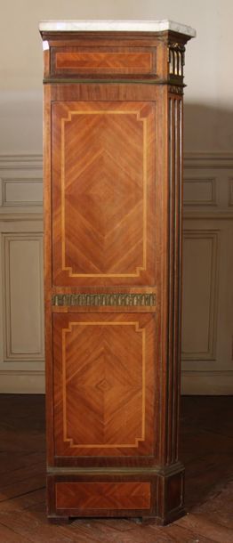 null Veneer secretary with flap inlaid with crosillons, white marble top, Louis XVI...