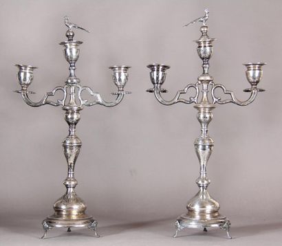null Pair of tripod candlesticks forming a three-light candelabra in 925°/° silver...