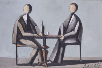 null *Duilio BARNABE (1914-1961)
Deux buveurs attablés
Huile sur toile signée en...