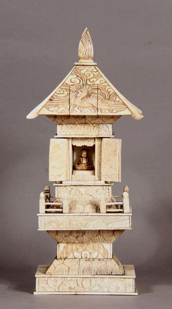 null Bone and ivory tori votive chapel with two doors opening onto the Amida Buddha,...