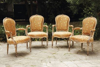 null Suite of four armchairs with convertible backrest in basket handle, in cream...