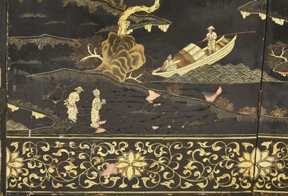 null CHINA (Canton) Lacquered 
screen made of eight leaves, with gold decoration...