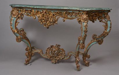 null Large carved and gilded wood console with a blue relaquered background and openwork...