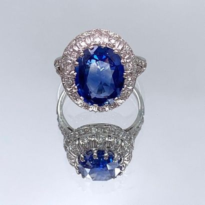 null RING in platinum (950‰) openworked set with a cushion-shaped sapphire surrounded...