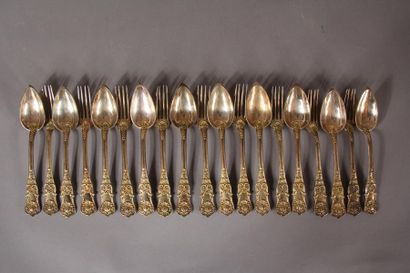null Nine place settings and one dessert spoon in vermeil with rocaille decoration,...