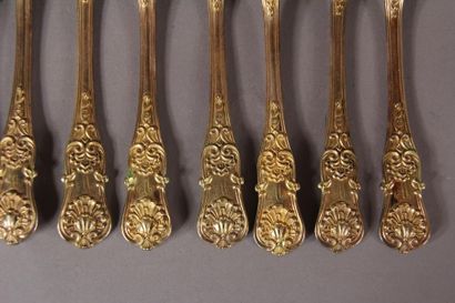 null Nine place settings and one dessert spoon in vermeil with rocaille decoration,...