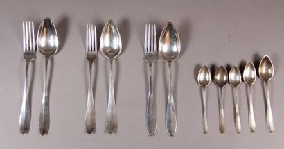 null Set of silver cutlery 800°/°° of a close model, Belgian work:
- Five table cutlery,...