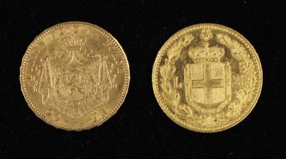 null *A Belgian 20 F coin 1877 and a gold 20 lira coin 1883.