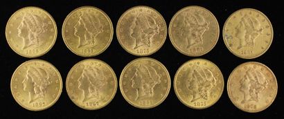 null *Ten $20 gold coins 1875(2), 1881, 1885, 1897(2), 1891, 1893, 1895(2)